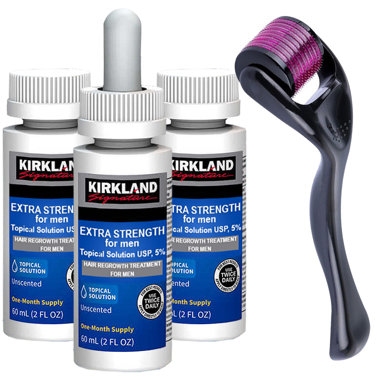 Set Tratament Cresterea Parului, Kirkland, Minoxidil 5%, Pipeta Inclusa, 3x Flacoane 60ml, 1x Dermaroller 540 ace