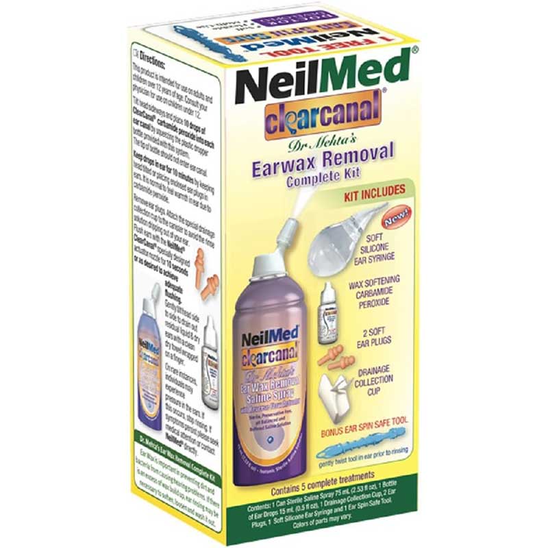 Set Curatare Urechi, NeilMed, Clearcanal, pentru indepartea Excesului de Ceara si Curatarea de impuritati, cu Solutie Salina si Picaturi de Urechi, 75ml