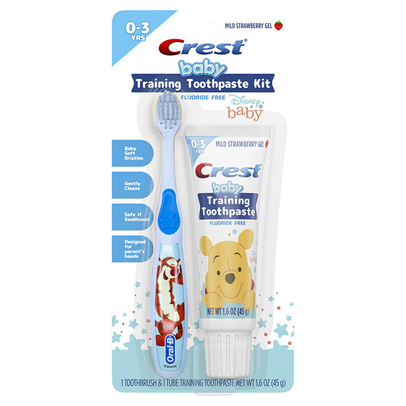 Set Pasta de Dinti si Periuta, Crest, Baby, Training Kit, pentru Obiceiuri Sanatoase de periaj, Bebelusi 0-3 Ani, Model Tigru, Albastru, 45gr