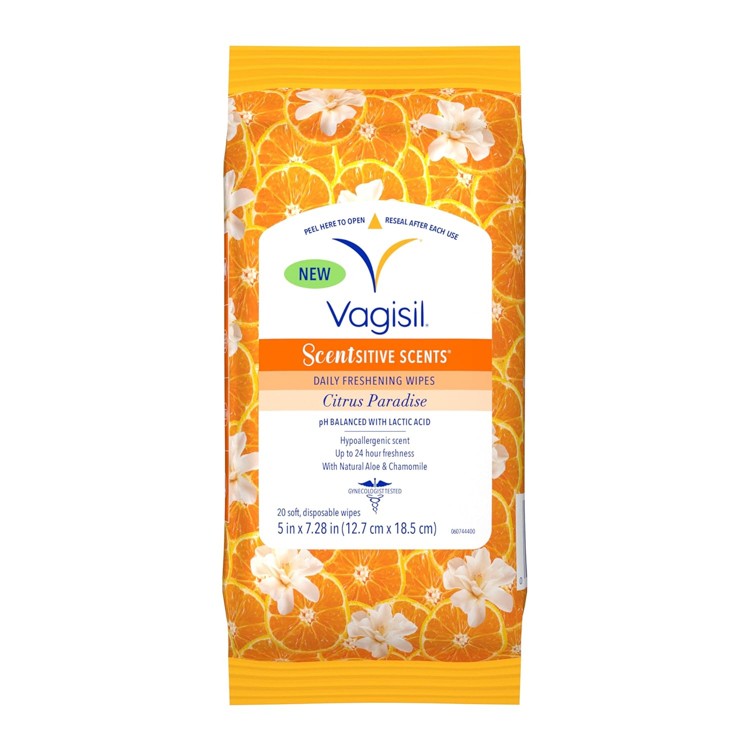 Șervețele Intime Femei, Vagisil Scentsitive Scents, Testat Ginecologic, Citrus Paradise, 20 Șervețele/Pachet Resealabil