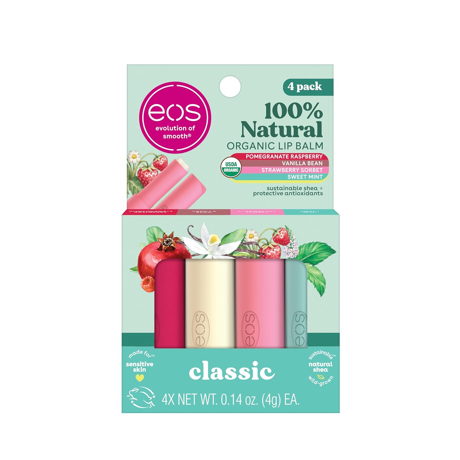 Balsam de buze, Eos, Natural & Organic, Arome căpșuni/vanilie/mentă/zmeură, Set 4 x 4 g