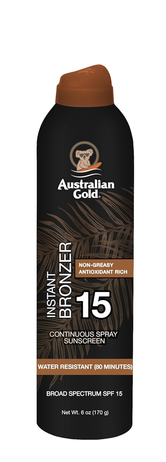 Spray solar, Australian Gold, Continuous Spray SPF 15, Bronz instant, Rezistență la apă, 177 ml