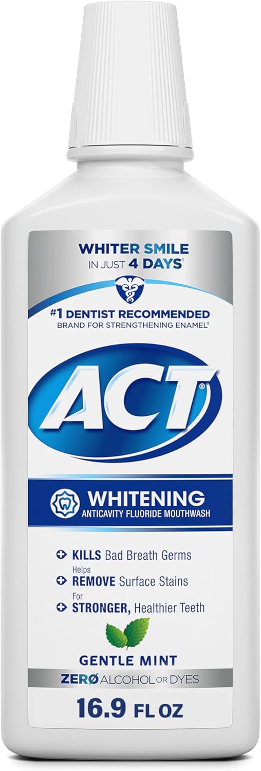 Apă de gură, ACT, Fluoride Whitening + Anticavity, Albire, Protecție Anti-Carii, Fără Alcool, 500 ml