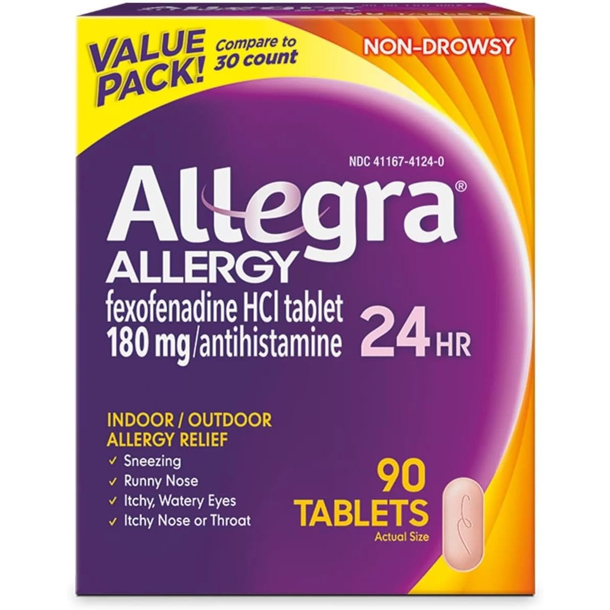 Supliment, Allegra, Allergy, Amelioreaza Rapid și Eficient Simptomele Cauzate de Alergiile Sezoniere, cu Fexofenadina HCI 180mg, 90 tablete