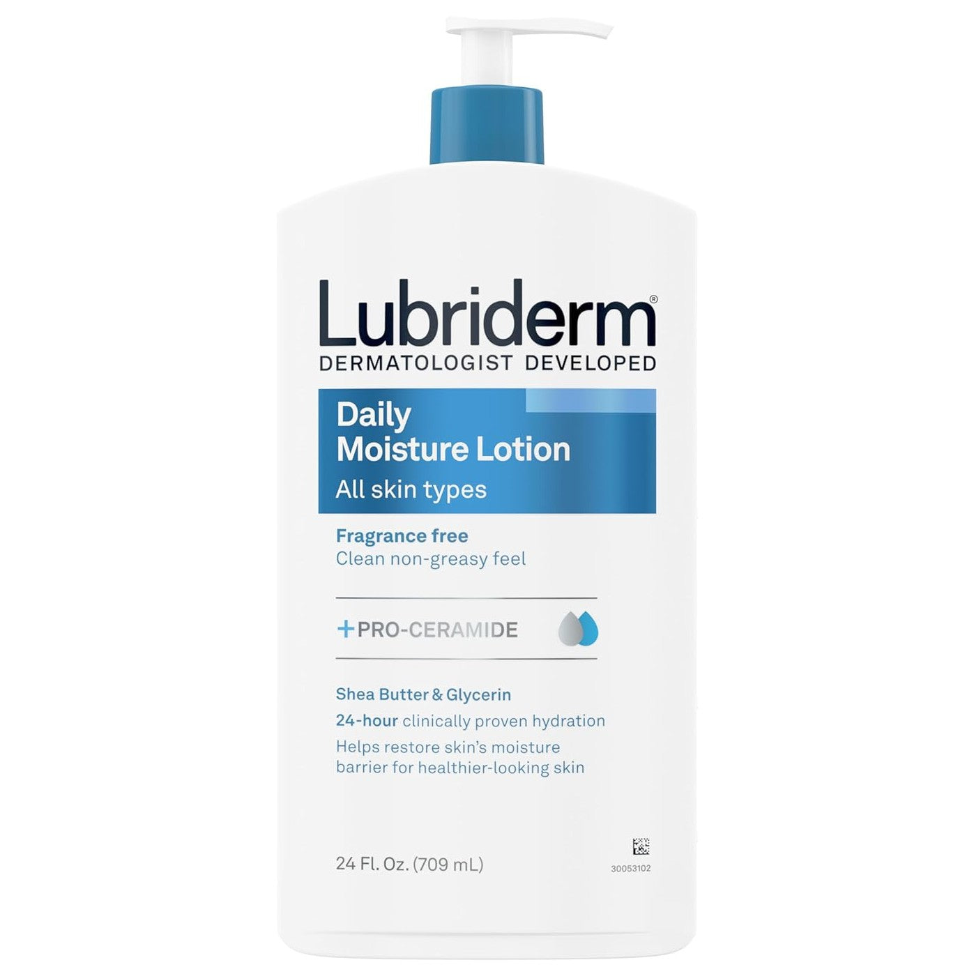 Lotiune de Corp, Lubriderm, Daily Moisture Lotion, Hidrateaza si Hraneste Pielea Sensibila, cu Pro-Ceramide si Unt de Shea, fara Parfum, 709ml