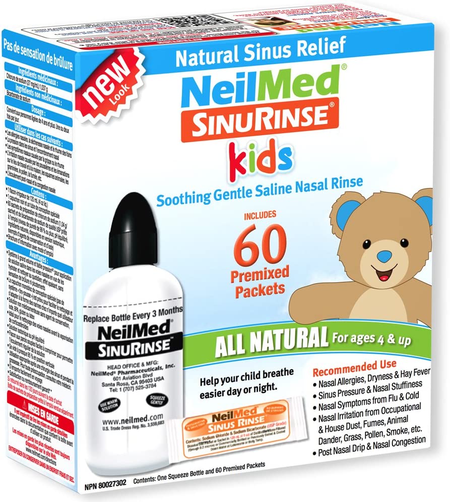 Set Irigator Nazal si Solutie Salina pentru Copii, Neilmed, Sinus Rinse, Curatare Sinusuri, Decongestie Nazala, 120ml, 60 plicuri (2.4gr)