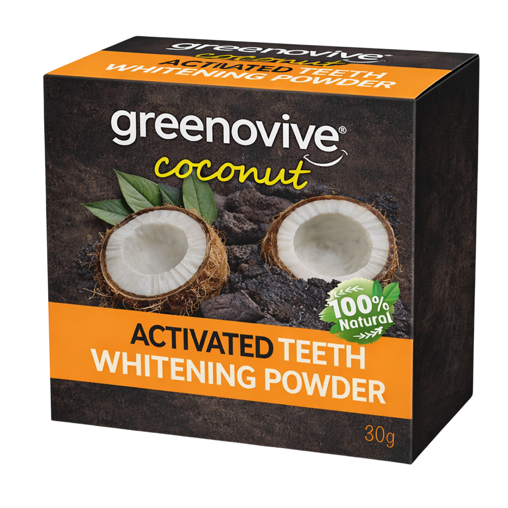 Pudra Organica, GREENOVIVE®, cu efect de Albire a Dintilor, cu Carbune Activ si Cocos, 100% Natural si Organic, aroma Usoara Menta, 30gr