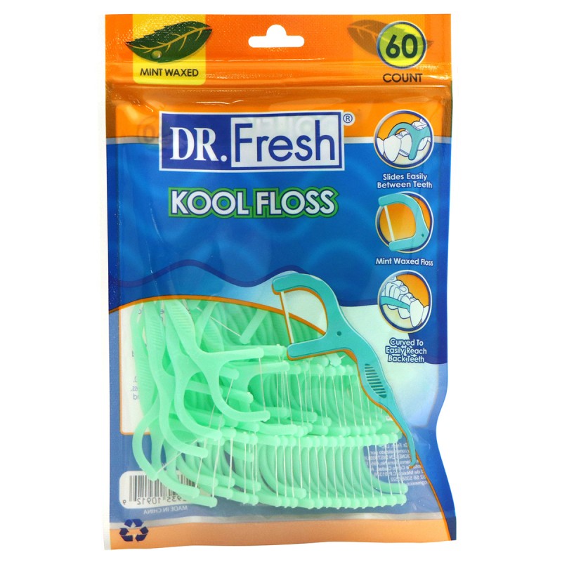 Set Ata Dentara, Dr. Fresh, Kool Floss Mint, Tip Scobitoare, Curatare Rapida, Cerata cu Alunecare Usoara, Fibra Rezistenta, 60 buc