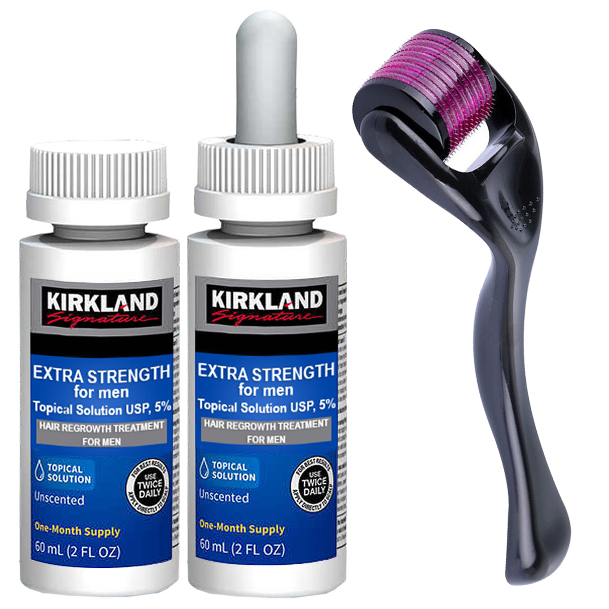 Set Tratament Cresterea Parului, Kirkland, Minoxidil 5%, Pipeta Inclusa, 2x Flacoane 60ml, 1x Dermaroller 540 ace