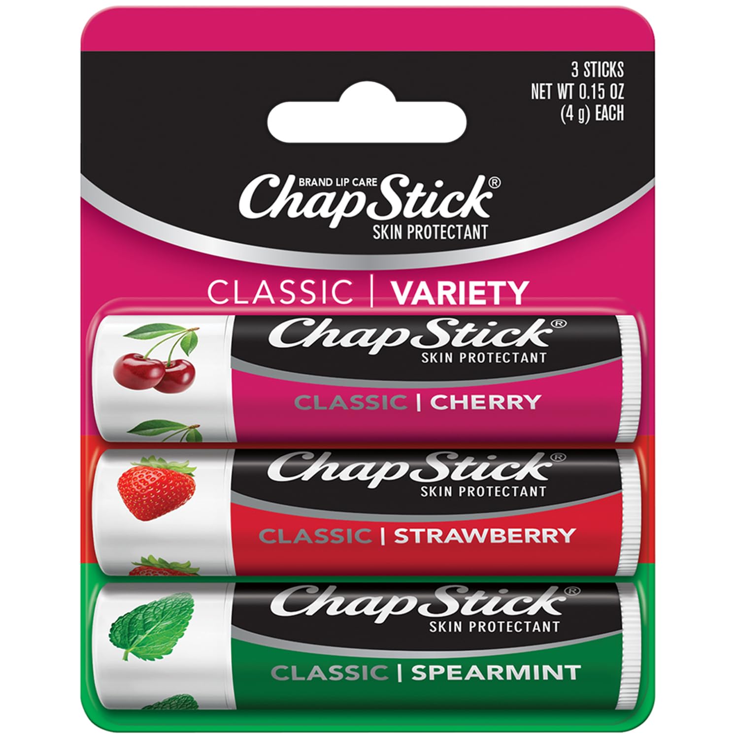 Balsam de buze, ChapStick, Cireșe-Mentă-Căpșuni, Set 3 arome, Hidratare zilnică, Protecție anti-uscare, 3 x 4.25 g
