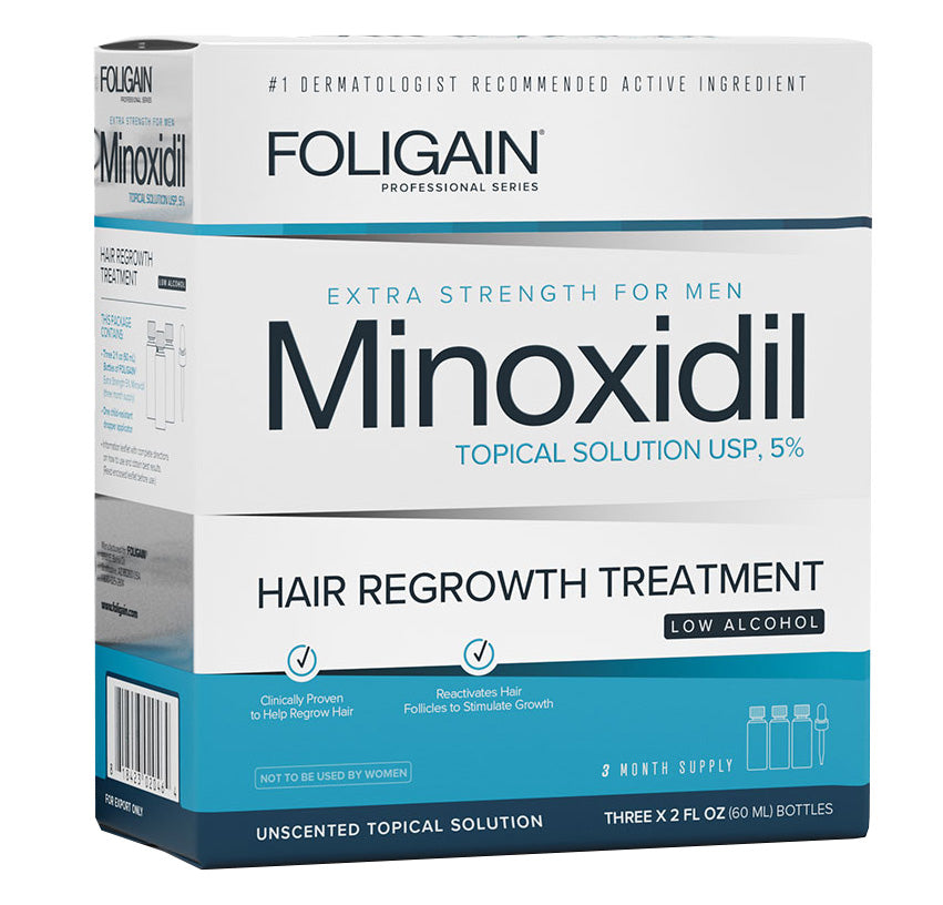 Solutie pentru Cresterea Parului, Foligain, Minoxidil 5%, cu Alcool Redus, Pipeta Inclusa, 3x 60ml