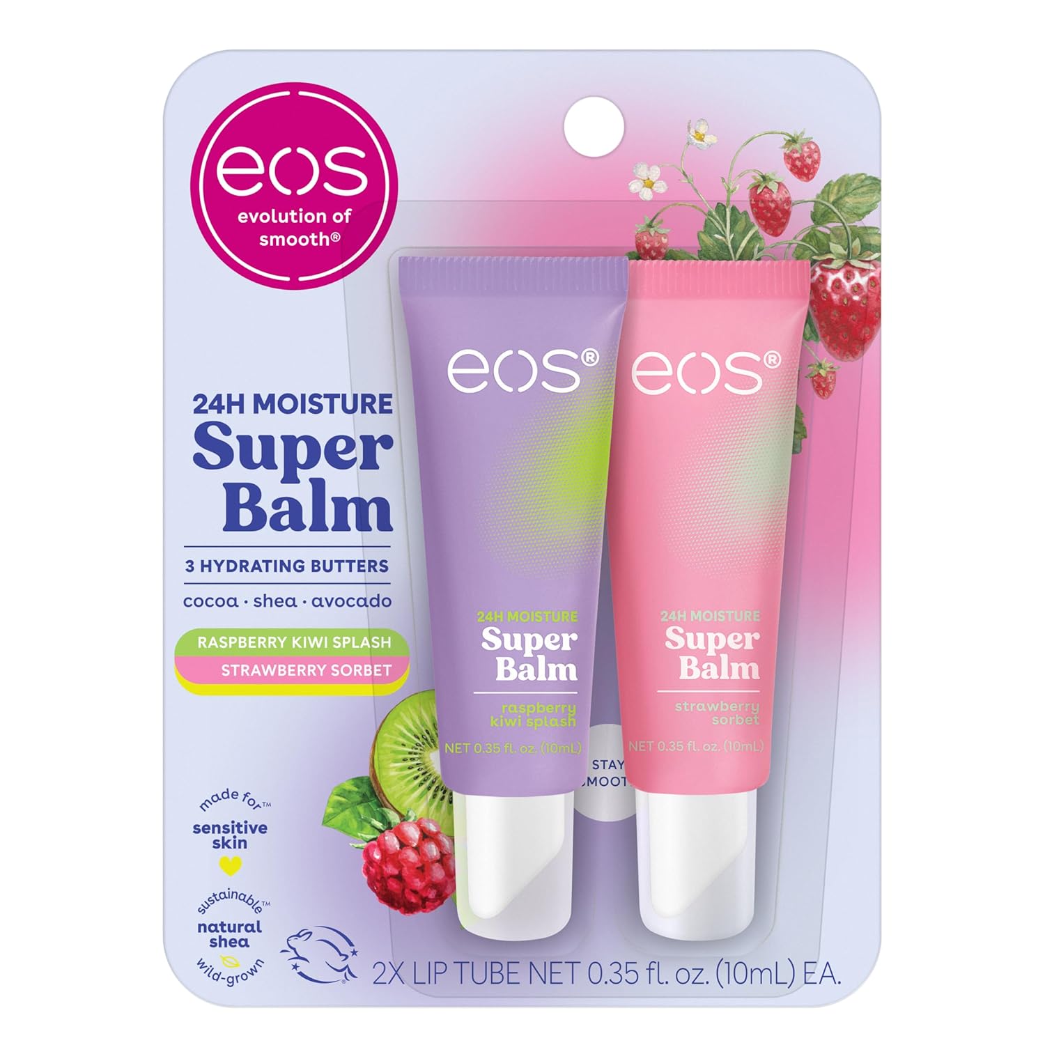 Balsam de buze, Eos, 24H Moisture Super Balm, Zmeură Kiwi & Sorbet căpșuni, Set 2 bucăți, 10 g