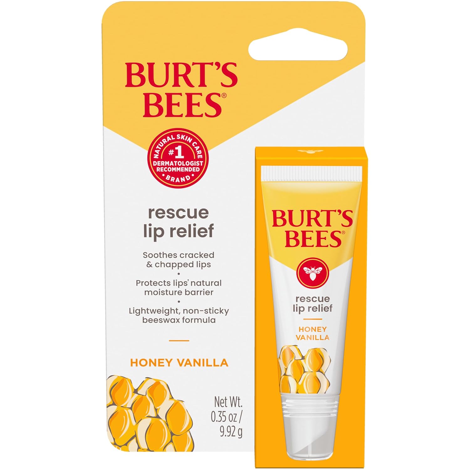 Balsam de buze, Burt's Bees, Rescue Lip Relief, Miere & vanilie, Pentru buze uscate, Ceară de albine responsabilă & unt de shea, 100% origine naturală, 10 g