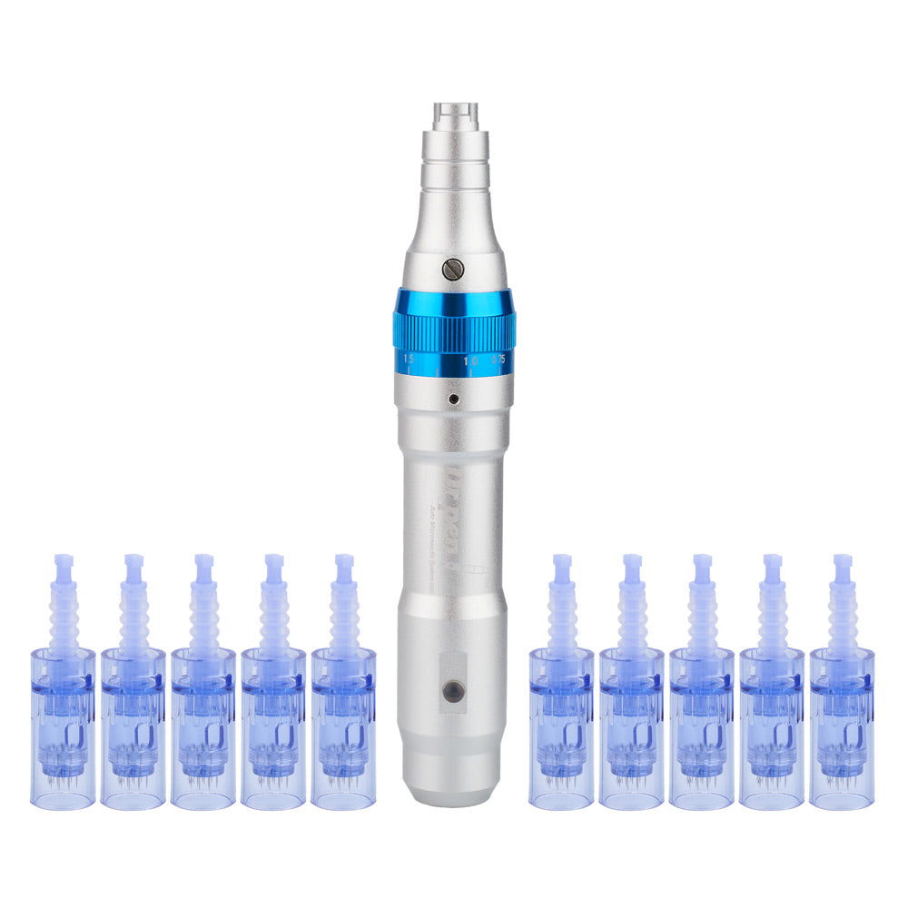 Creion cu Micro-Ace din Titan, Dermapen, Dr. Pen, Ultima A6, pentru Electroporare, impotriva Ridurilor si Imbatranirii, fara Fir, 10x Rezerve 12 pini, Adancime 0.25 - 2.50 mm, 5 viteze
