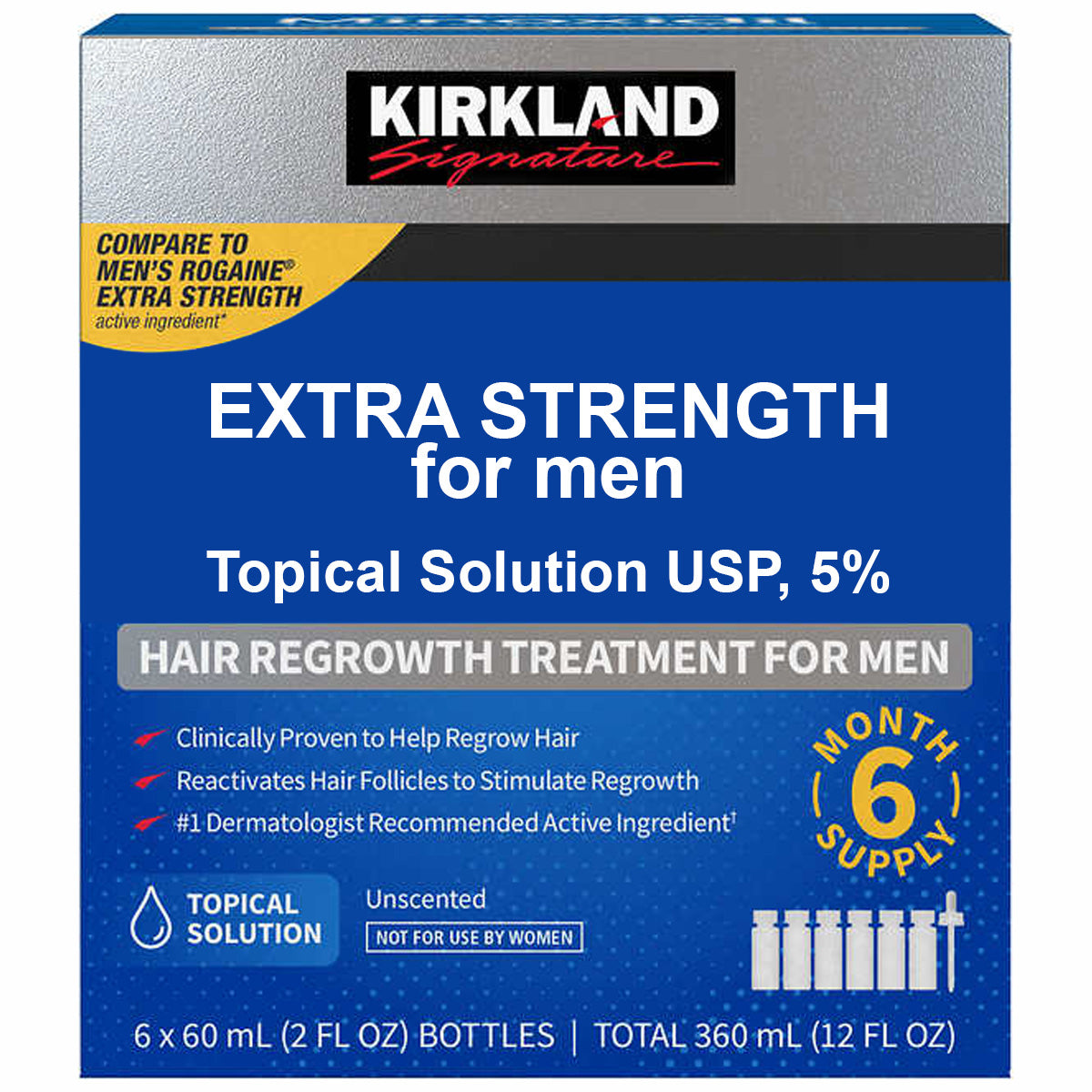 Set Solutie, Kirkland, Minoxidil 5%, pentru Stimularea Cresterii Parului si a Barbii, Pipeta Inclusa, 6x 60ml