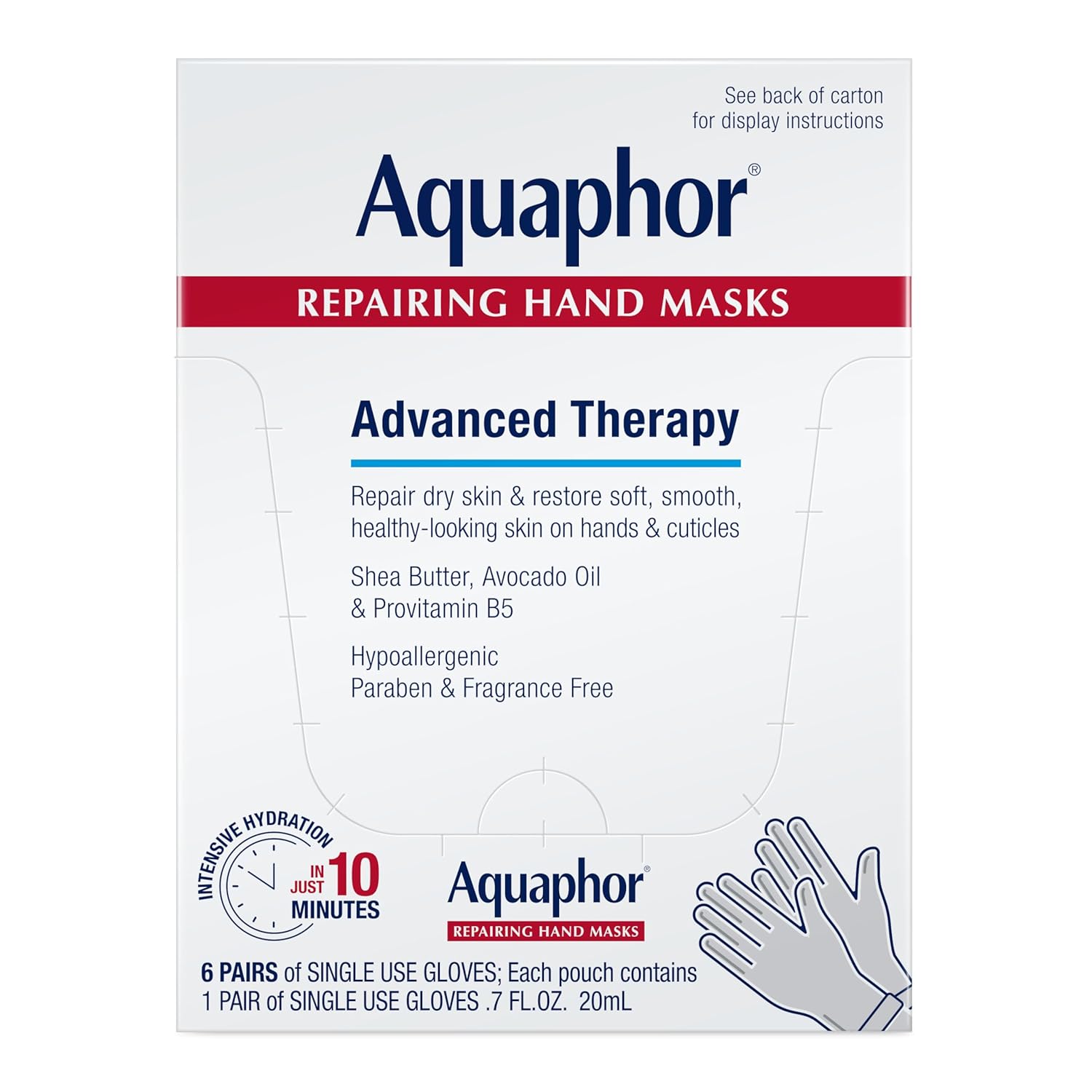 Măști reparatoare mâini, Aquaphor, Hand Masks, Hidratare Intensivă, Reparare, Cu Avocado & Shea, 6 buc