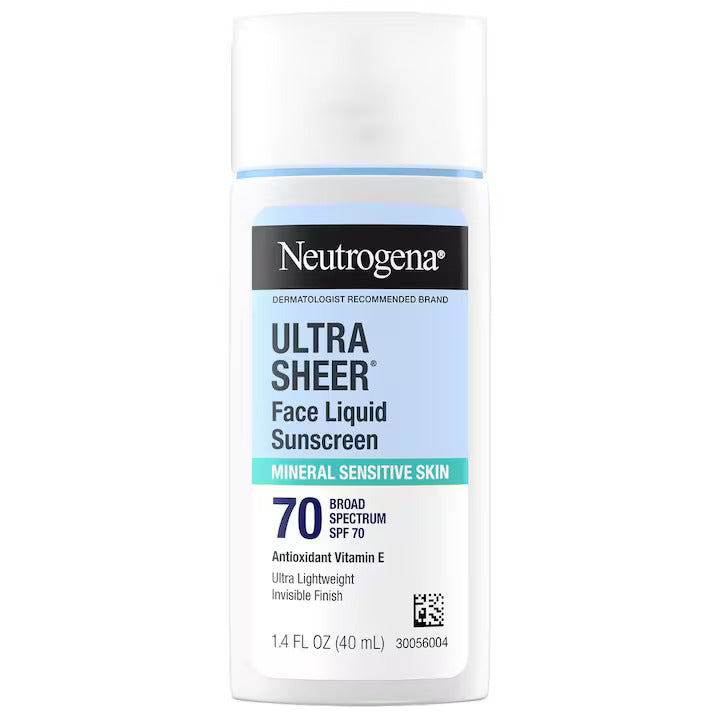 Emulsie, Neutrogena, Ultra Sheer Face Liquid Sunscreen, cu Protectie Solara, SPF 70, impotriva UVA si UVB, Filtre Minerale, Rezistent la Apa, Textura Lejera, fara Parfum, 40ml
