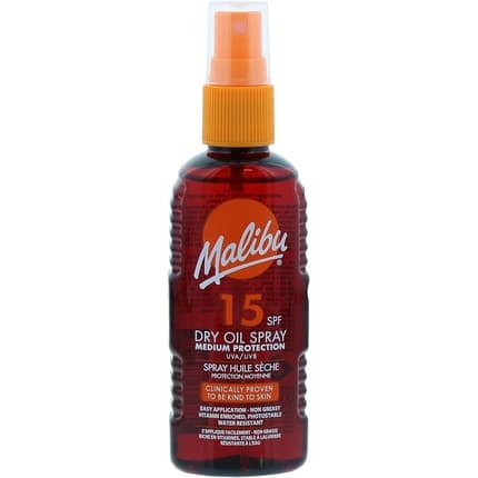 Spray ulei uscat, Malibu Sun, Dry Oil Spray SPF 15, Protecție Medie, Rezistență la Apă, Finish Non-Gras, 100 ml