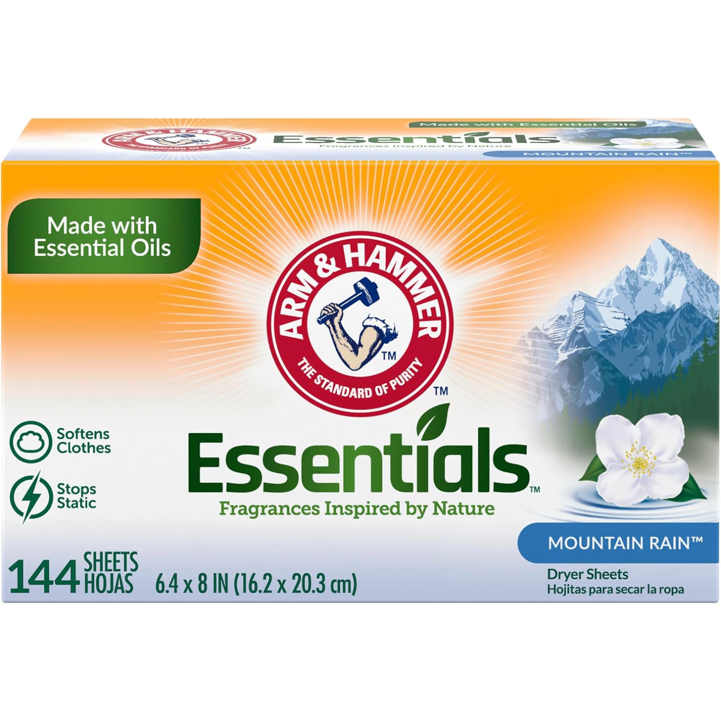 Servetele Parfumate Pentru Uscator, Arm&Hammer, Essentials, Mountain Rain, pentru Rufe, Inmoaie Tesaturile si Reduc Electrizarea, 144 buc