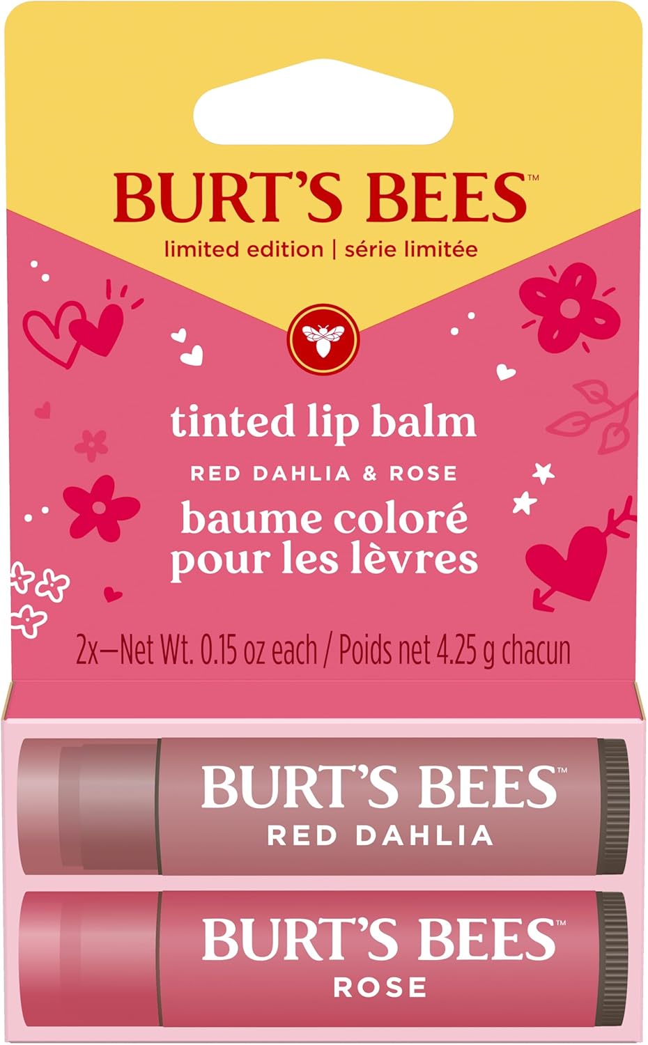 Balsam de buze colorat, Burt's Bees, Lip Tint Balm Duo, Infuzat cu unt de shea, Finish natural construibil, Red Dahlia + Rose, Set 2 bucăți