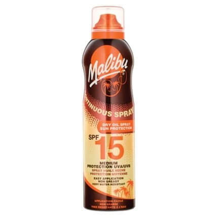 Spray solar ulei uscat, Malibu, Continuous Dry Oil SPF 15, Protecție Medie, Aplicare Uniformă, Finish Non-Gras, 175 ml