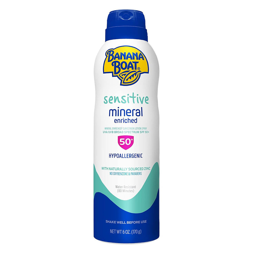 Spray protecție solară mineral, Banana Boat Sensitive, Mineral Enriched SPF 50+, Hipoalergenic, fără parfum, 177 ml