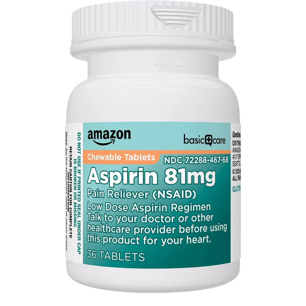 Supliment, Amazon Basic Care, Aspirin, 81 mg, pentru Ameliorarea Durerilor Usoare, Aroma de Portocala, 36 tablete