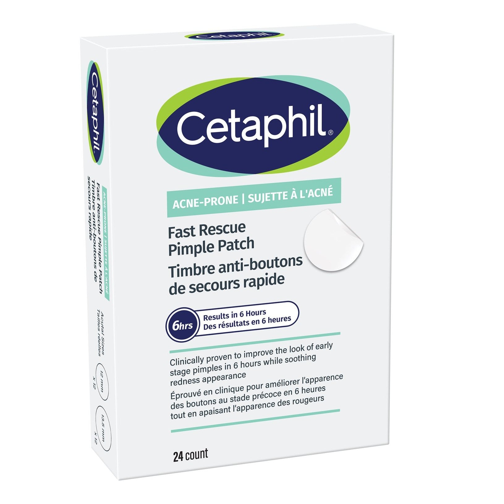 Plasturi Anti-Acnee, Cetaphil, Fast Rescue Pimple Patch, Reduc Cosurile si Inflamatia, cu Acid Salicilic si Centella Asiatica, Ultra-Subtiri, 2 dimensiuni, 24 buc
