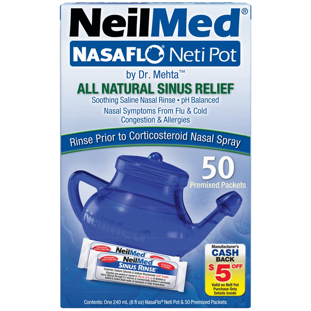 Irigator Nazal, NeilMed, Neti Pot, Forma Compacta, Curatare Sinusuri, Decongestie Nazala, 50 plicuri (2.4gr)