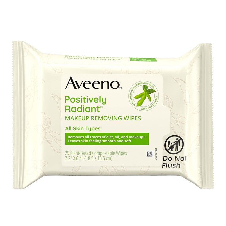 Șervețele demachiante, Aveeno, Positively Radiant, Curățare delicată, Îndepărtează machiajul & uleiul, 25 bucăți
