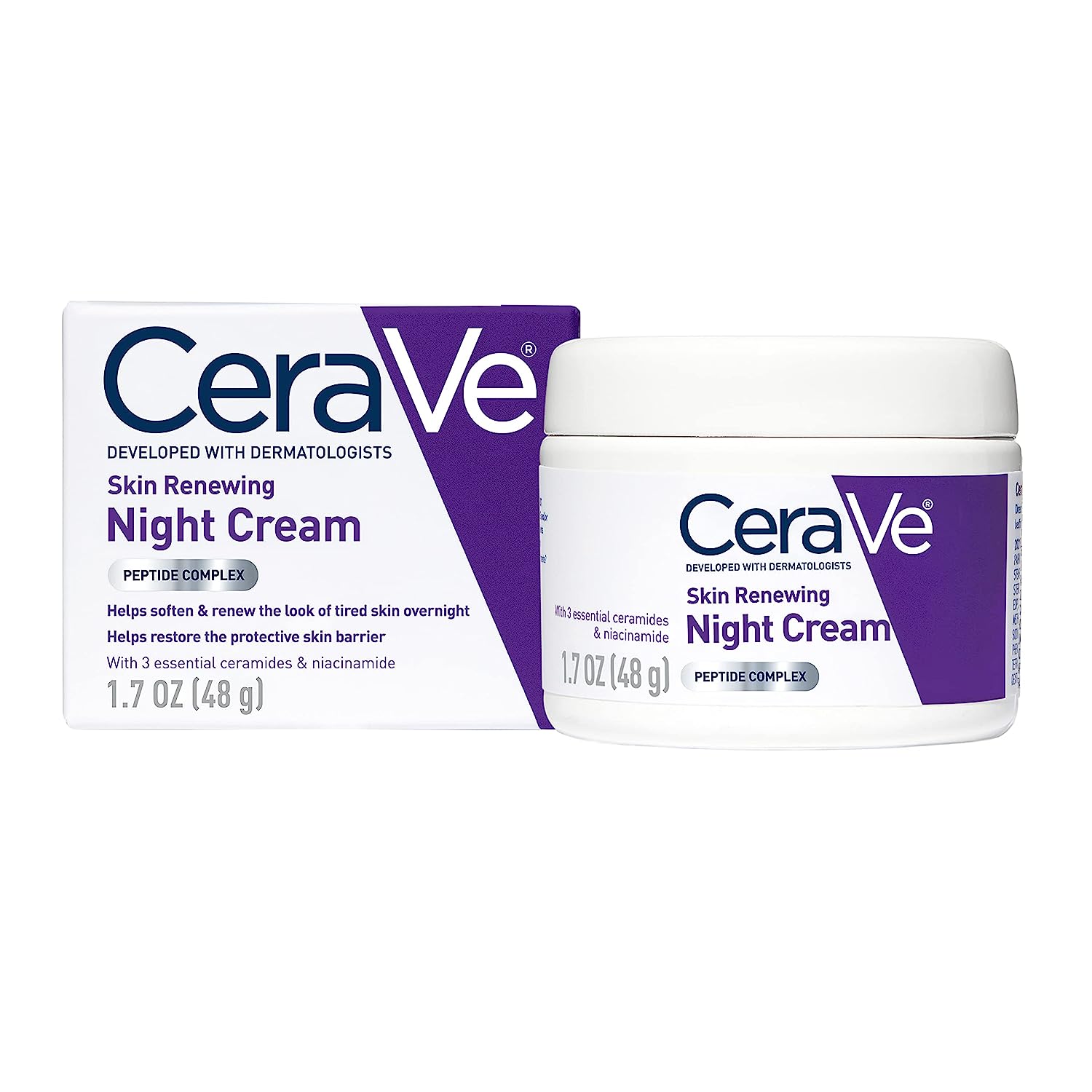 Crema de Fata, CeraVe, Night Cream, Hidrateaza Tenul Uscat si Obosit, cu Niacinamide si Acid Hialuronic, fara Parfum, Formula Non-Grasa, 48gr