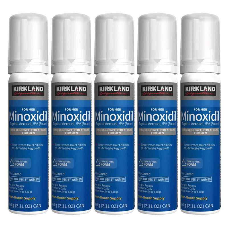 Set Spuma, Kirkland, Minoxidil 5%, pentru Stimularea Cresterii Parului si a Barbii, 5x 60ml
