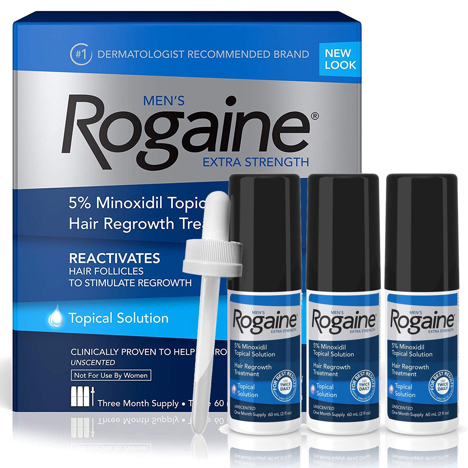Solutie, Rogaine, impotriva Caderii Parului, Minoxidil 5%, Pipeta Originala Inclusa, Tratament 3 luni (3x flacoane 60ml)
