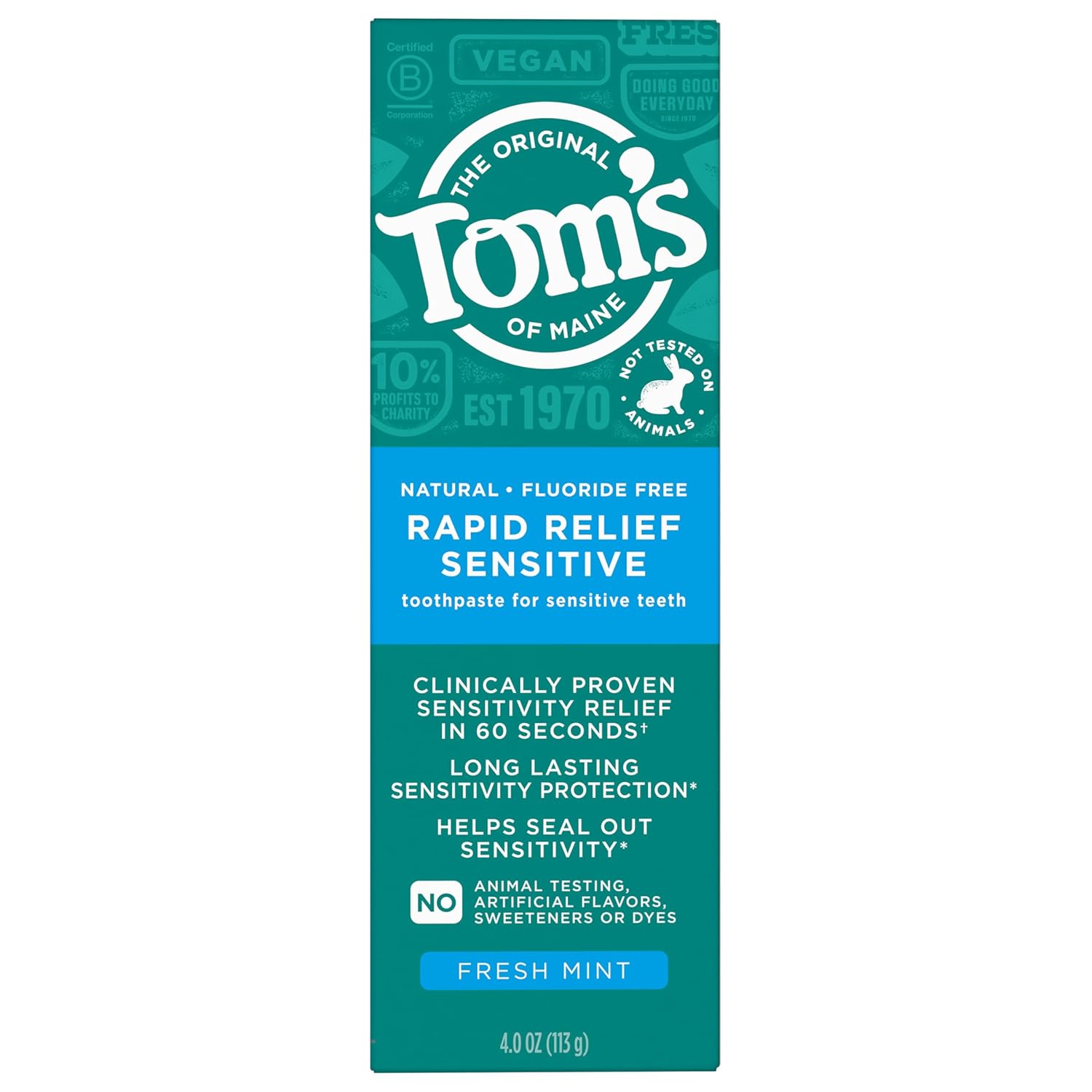 Pastă de dinți, Tom's of Maine, Rapid Relief, Mentă proaspătă, Fără fluor, 113 g