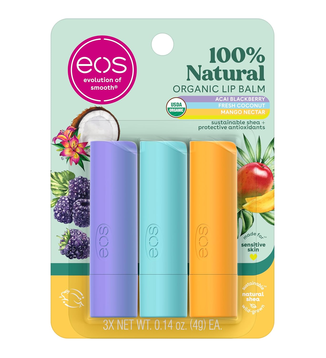 Balsam de buze, Eos, Natural Shea, Acai Blackberry / Cocos Mango, Hidratant, Set 3 batoane (3 x 4 g)