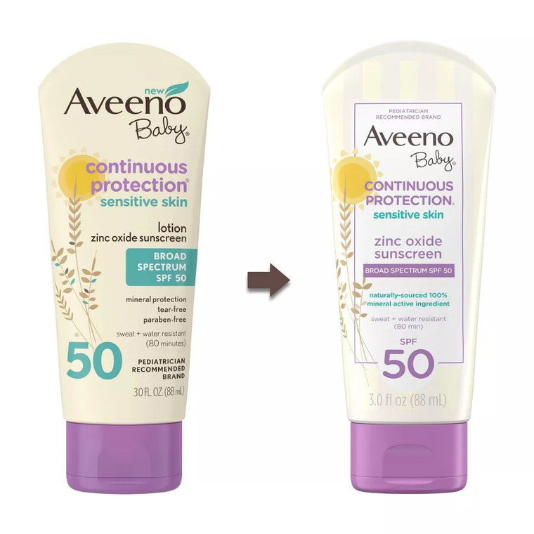 Loțiune protecție solară, Aveeno Baby, Continuous Protection, SPF 50, Oxid de zinc, 88 ml