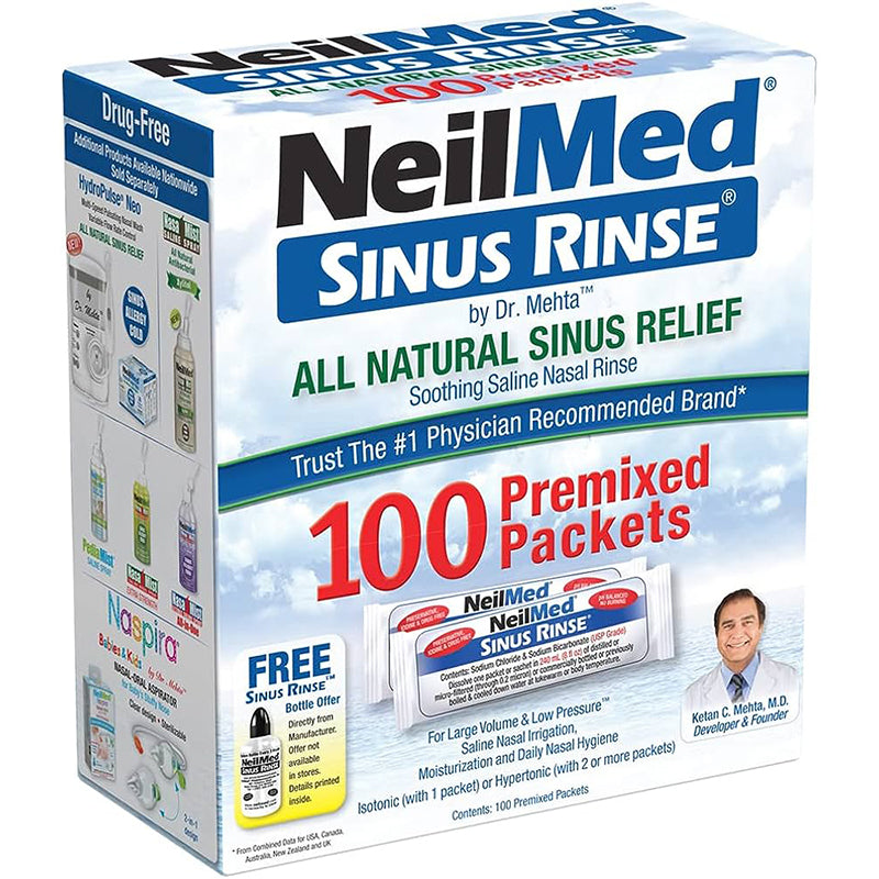 Set Irigator Nazal si Solutie Salina, Neilmed, Sinus Rinse, Curatare Sinusuri, Decongestie Nazala, 240ml, 100 plicuri x 2.4gr