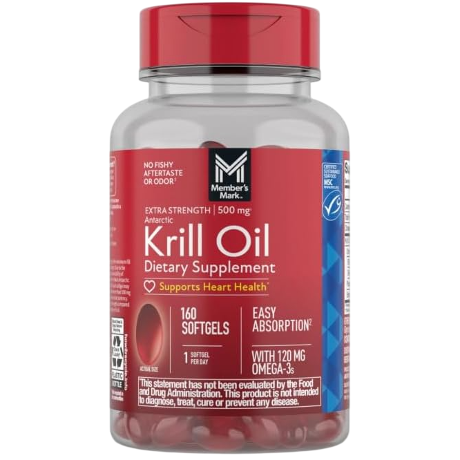 Supliment Alimentar, Member's Mark, Krill Oil, Sustine Sanatatea Inimii si a Sistemului Cerebral, Bogat in Acizi Grasi Omega-3, 500mg, 160 capsule moi