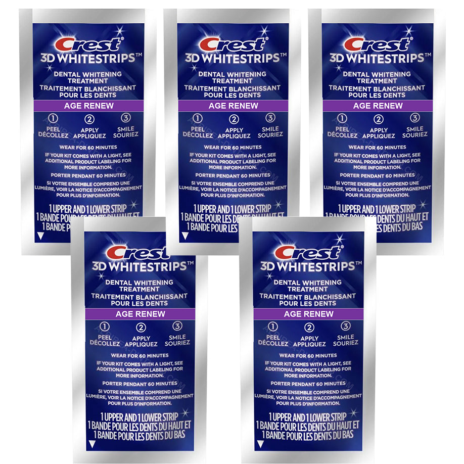 Set 5x Benzi Albirea Dintilor, Crest, 3D White, Age Renew, 14% Concentratie, Tratament 5 zile, 60 min, Nivel Albire 25