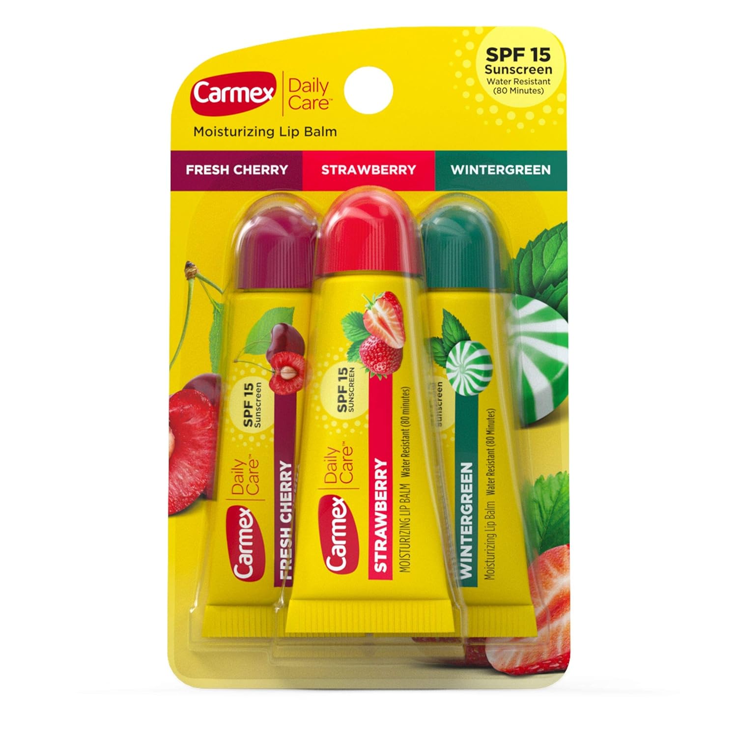 Balsam de buze, Carmex, Daily Care, 3 arome, SPF 15, Set, Hidratare și protecție, 3 x 10 g