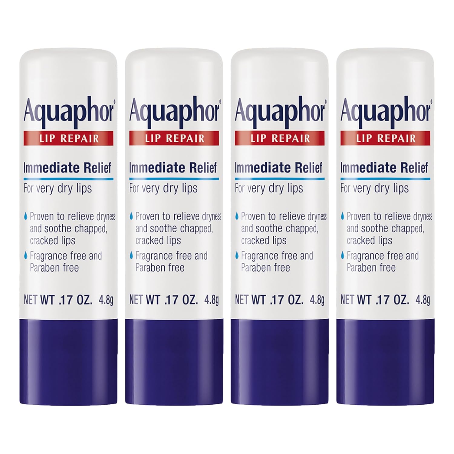 Balsam de buze, Aquaphor, Lip Repair Stick, Hidratează imediat, Fără parfum, Cu Jojoba & Shea, 4 x 4.8 g