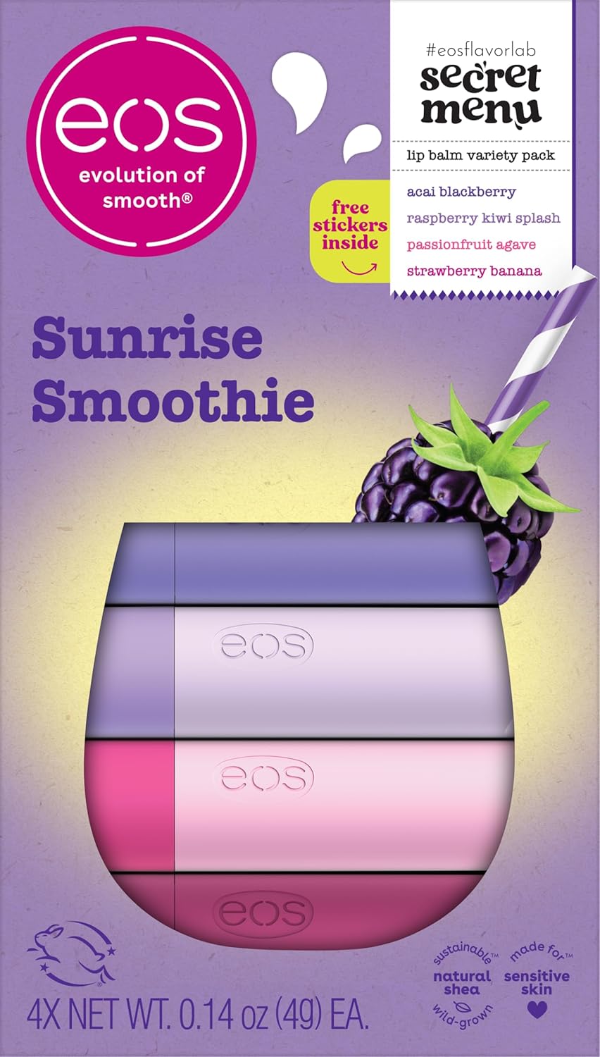 Set cadou balsam buze, Eos, Flavor Lab Secret Menu Sunrise Smoothie, Hidratant, Hidratare intensă, 4 x 4 g