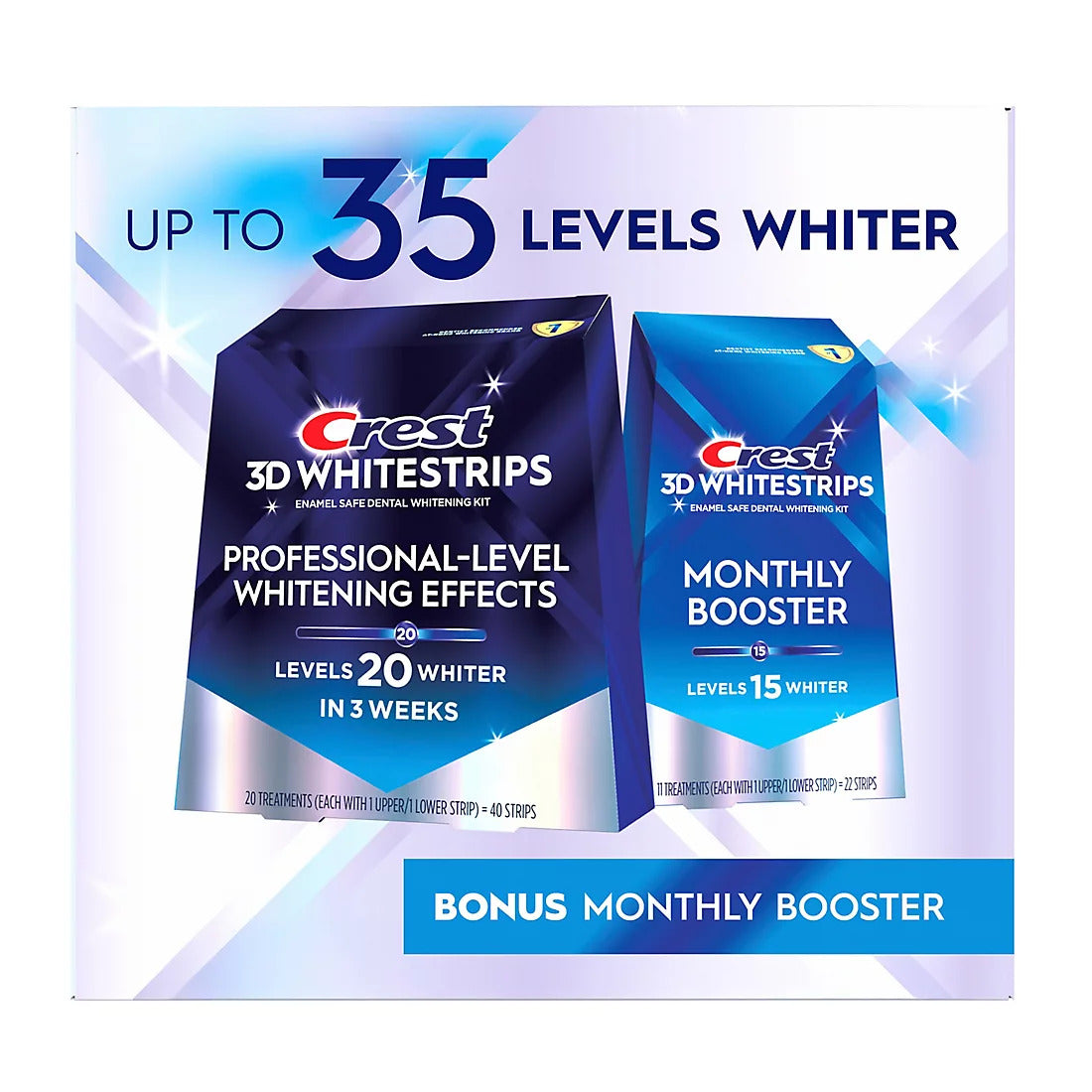 Set Benzi Albirea Dintilor, Crest, 3D White, Professional-Level Whitening Effects - Nivel Albire 20, Tratament 20 Zile, Monthly Boost - Nivel Albire 15, Tratament 11 Zile