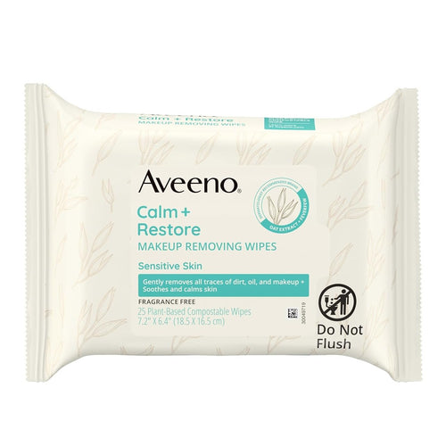 Servetele Demachiante, Aveeno, Calm + Restore, pentru Ochi, Buze si Fata, Indeparteaza Eficient Machiajul, pentru Pielea Sensibila, cu Extract de Ovaz, fara Alcool, 25 buc