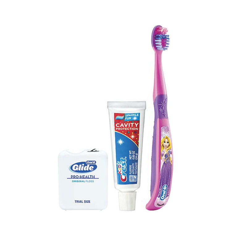 Set Igiena Orala, Crest, 3D White, pentru Copii, Periuta Oral-B Princess, Pasta Crest 24gr, Ata Dentara Glide 4m