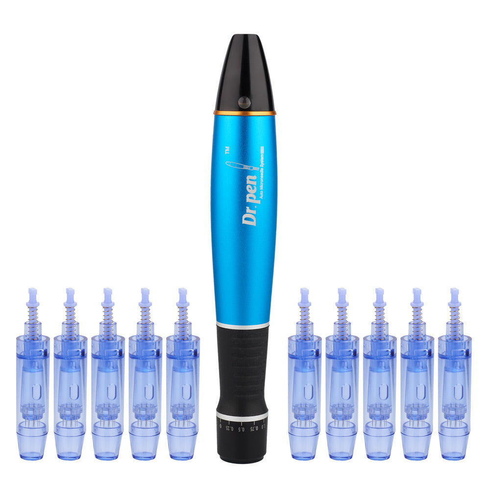Creion cu Micro-Ace din Titan, Dermapen, Dr. Pen, A1W, pentru Electroporare, impotriva Ridurilor si Imbatranirii, Wireless, 10x Rezerve 12 pini, Adancime 0.25 - 3.00 mm, 5 viteze