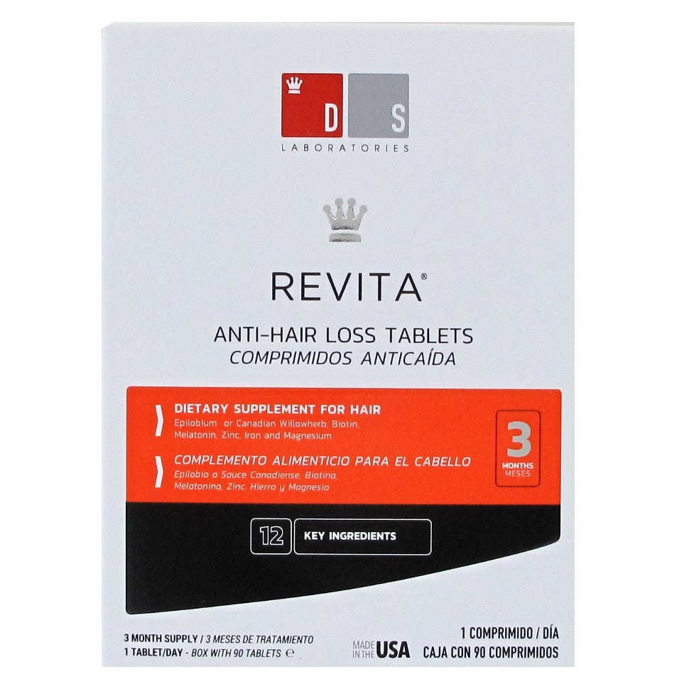 Supliment Alimentar, DS Laboratories, Revita, Anti-Hair Loss, Reduce Caderea Parului si Stimuleaza Cresterea, cu Biotina, Zinc si Fier, Tratament pentru 3 Luni, pentru Femei si Barbati, 90 tablete