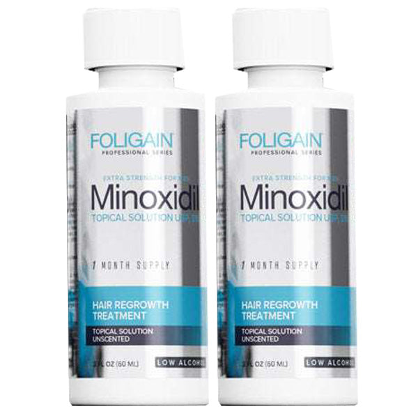 Set Solutie pentru Cresterea Parului, Foligain, Minoxidil 5%, cu Alcool Redus, Pipeta Inclusa, 2x 60ml