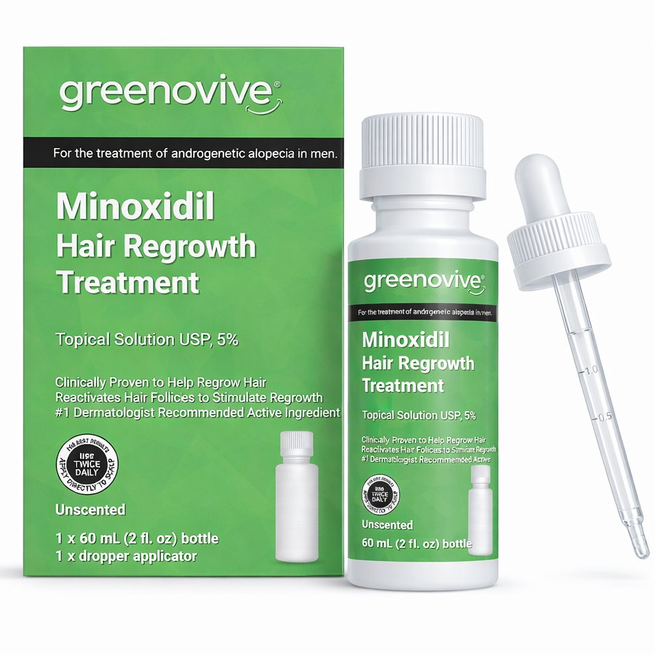Solutie, GREENOVIVE®, Hair Regrowth Treatment, impotriva Caderii Parului, Minoxidil 5%, pentru Barbati, Pipeta Inclusa, fara Parfum, 1x 60ml