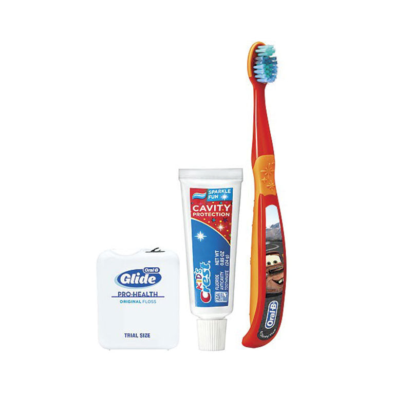 Set Igiena Orala, Crest, 3D White, pentru Copii, Periuta Oral-B Cars, Pasta Crest 24gr, Ata Dentara Glide 4m